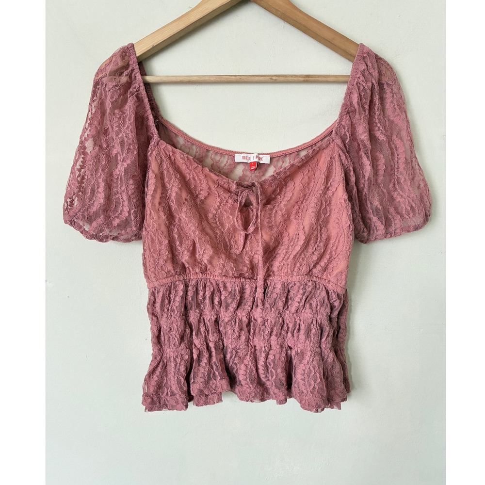 Mele E Pere Pink Lace Smocked Peplum Top Boho Femme Square Neck Cottagecore L